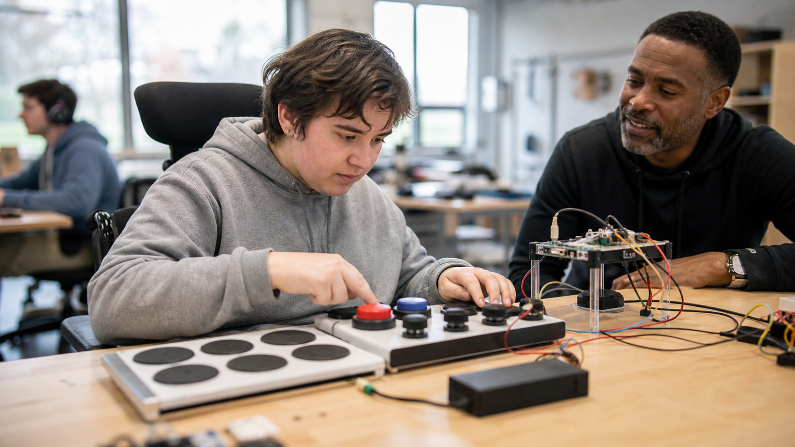 Accessible STEM workbench with large mechanical switches, capacitive touch pads, and a small microcontroller test rig