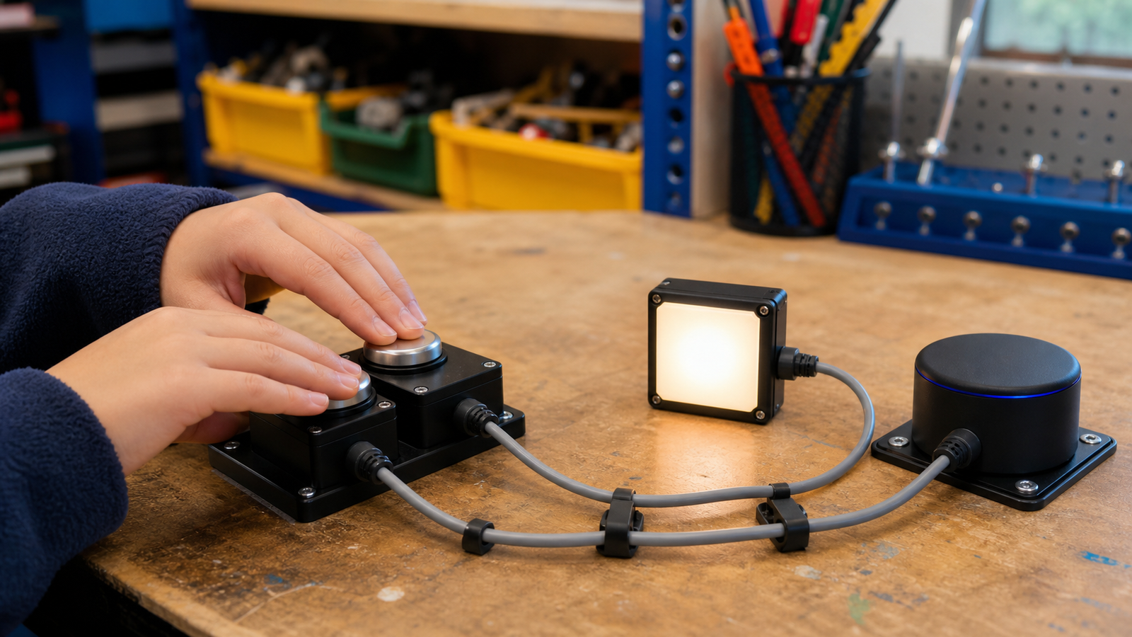 Student testing two mounted low-voltage switches with visual and tactile feedback modules