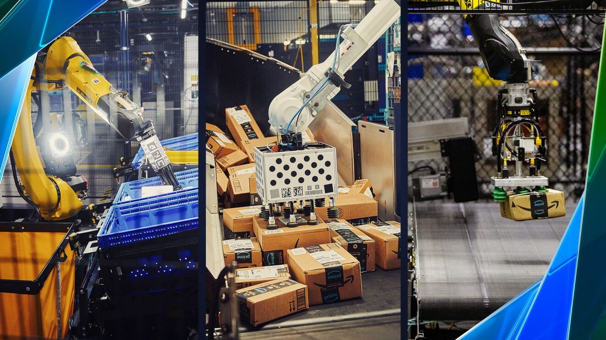 Amazon fulfillment center robotic arms handling packages