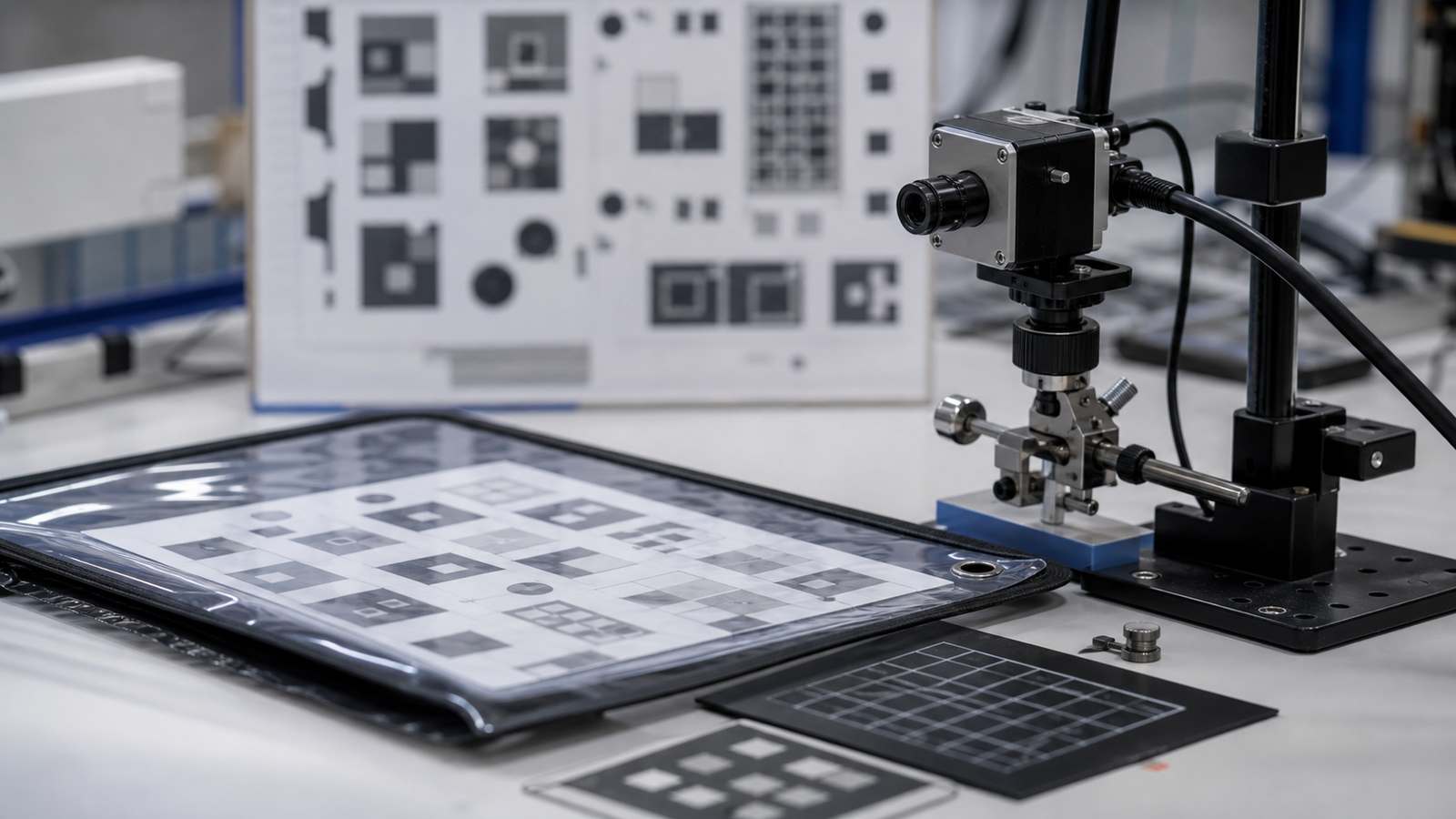 Robot vision demo kit with flat protected fiducial boards, camera, and storage sleeve without readable tag details