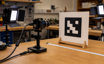 Classroom robot camera aimed at matte fiducial markers with measuring tape and lights