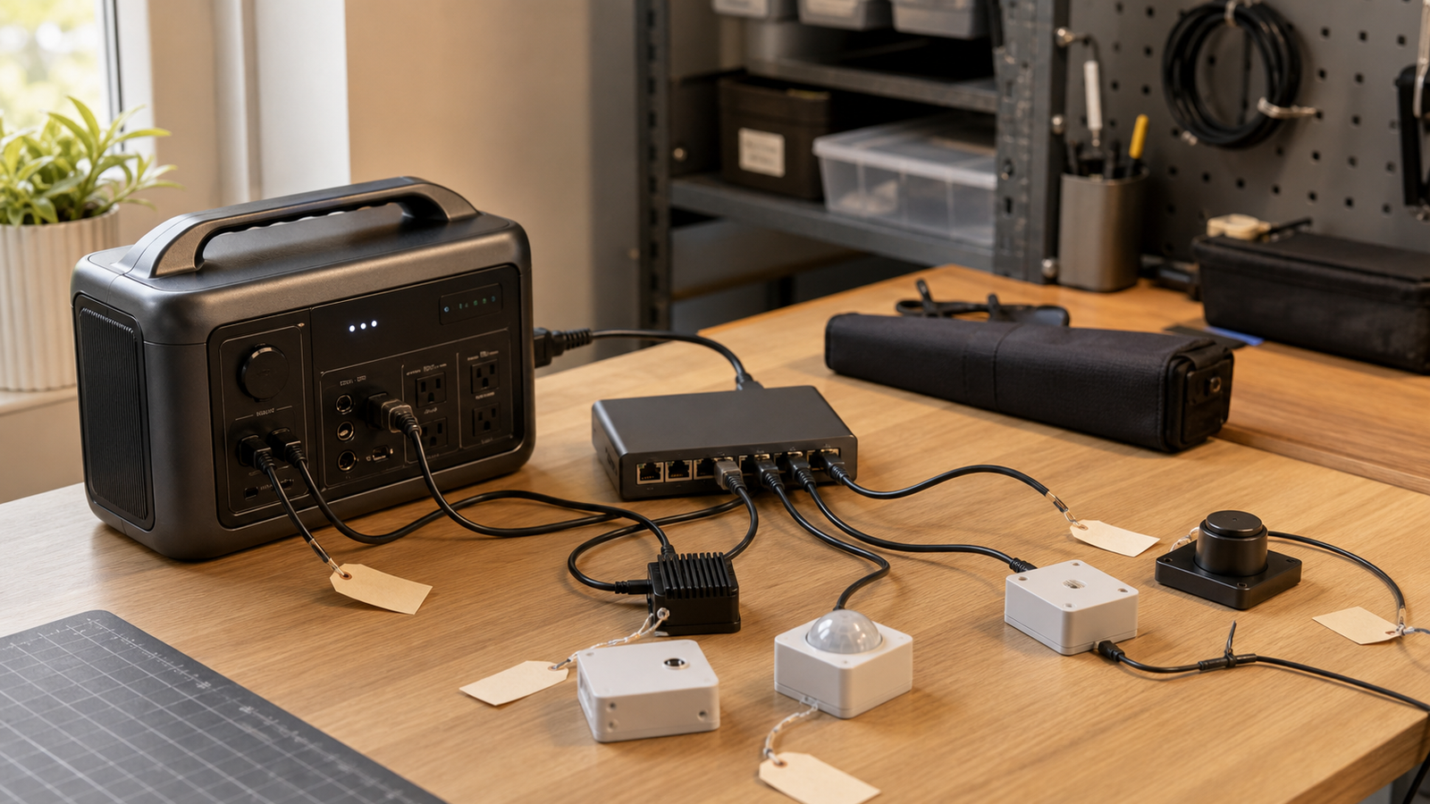 Small home-lab power test station with battery backup, hub, and sensor modules