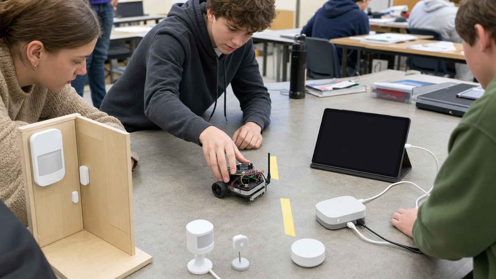 Students testing robot proximity between distance markers with a blank tablet logger