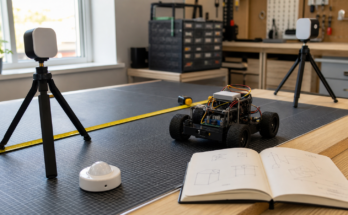 Maker lab proximity test with Bluetooth beacons, robot chassis, and measured table