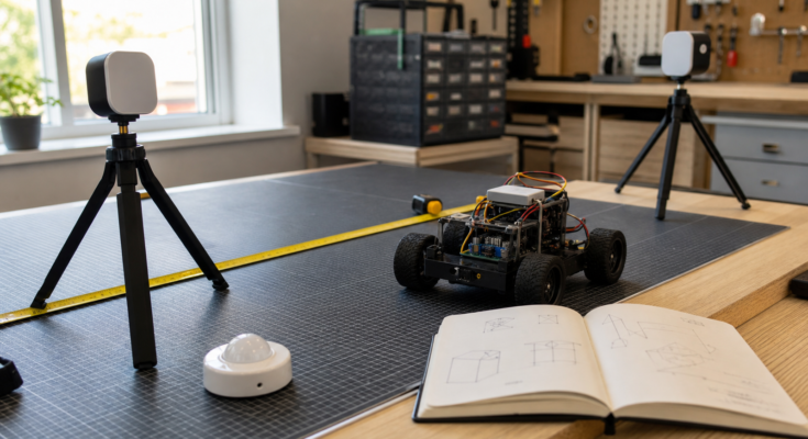 Maker lab proximity test with Bluetooth beacons, robot chassis, and measured table Maker lab proximity test with Bluetooth beacons, robot chassis, and measured table