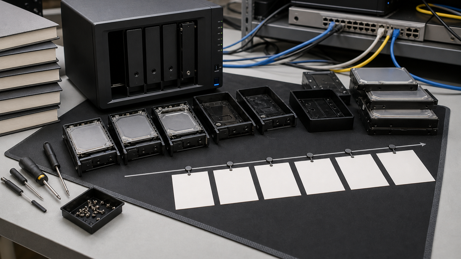 Maker lab NAS dashboard concept with project folders, snapshot timeline, and storage drives
