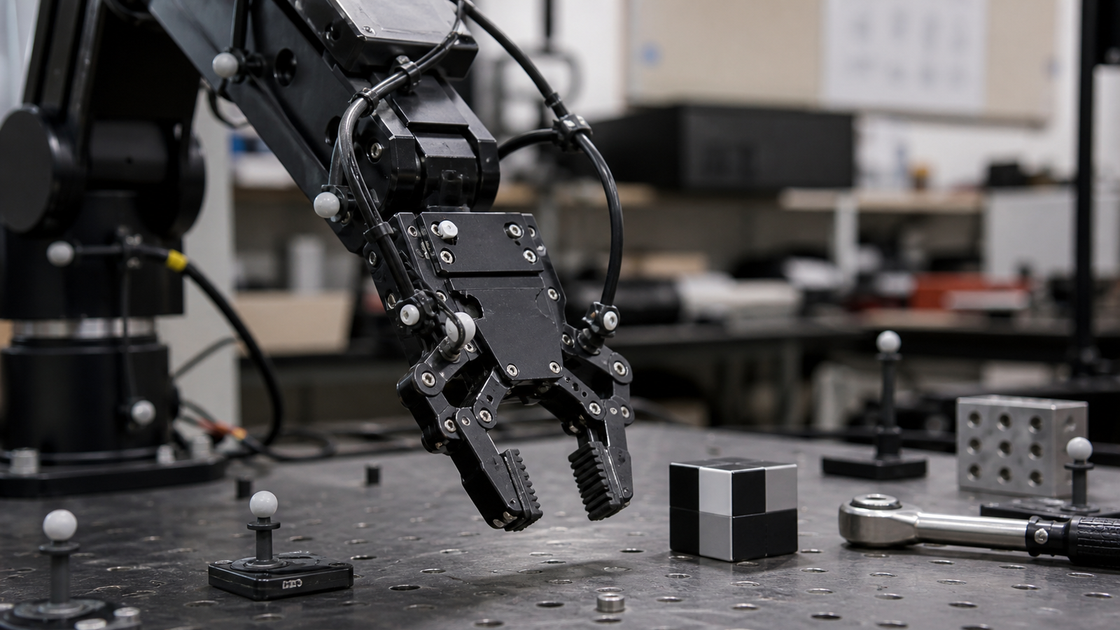 Robot gripper and calibration objects on a physical AI evaluation bench