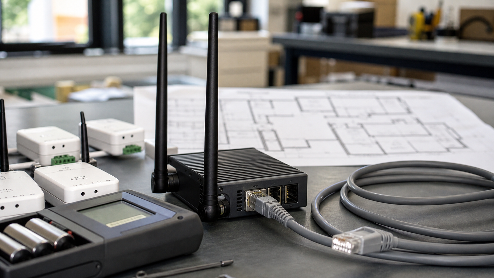 Wireless sensors and router antennas on a home-lab networking bench