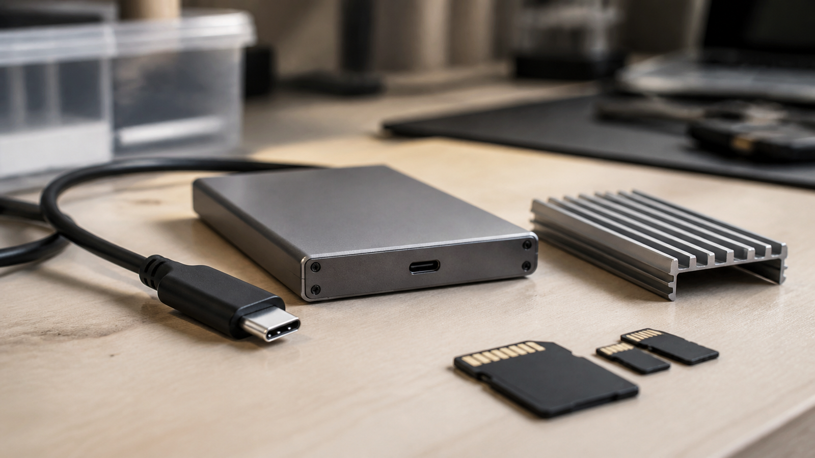 USB-C cable, aluminum SSD enclosure and camera media cards on a storage bench