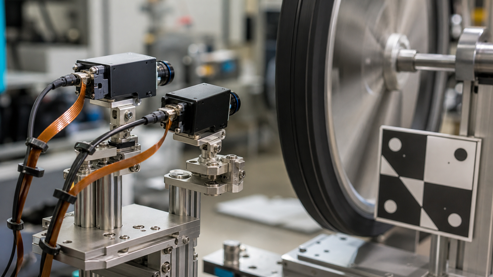 Two robot camera modules aimed at a moving target and fiducial marker