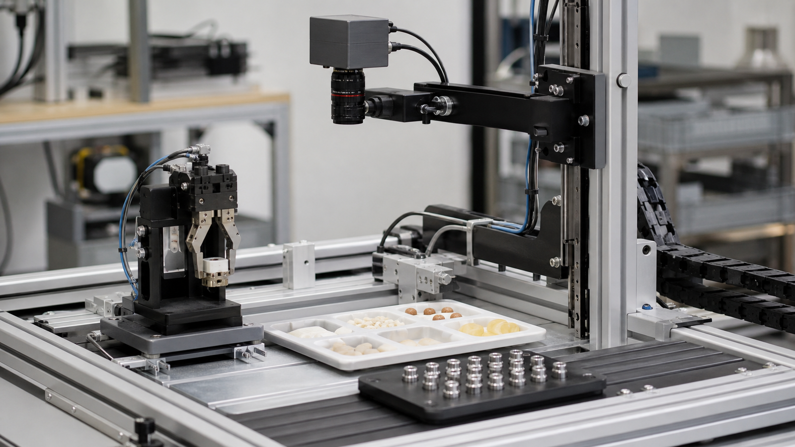 Mixed-industry automation test bench with sensors and fixtures