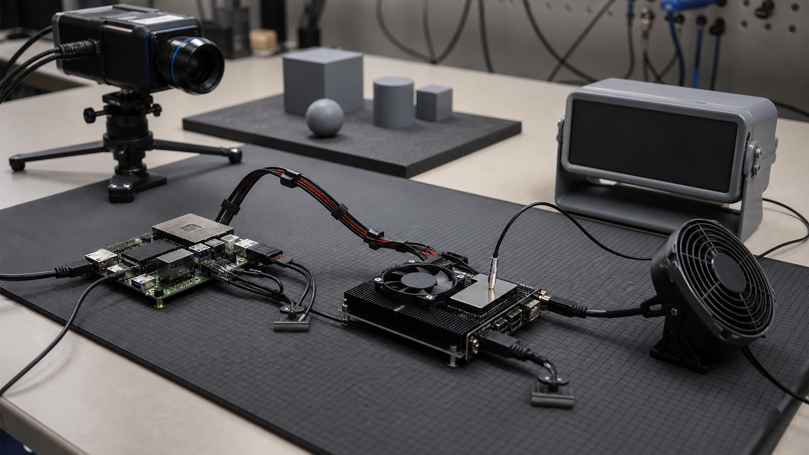 Local AI model validation bench with camera and thermal probe