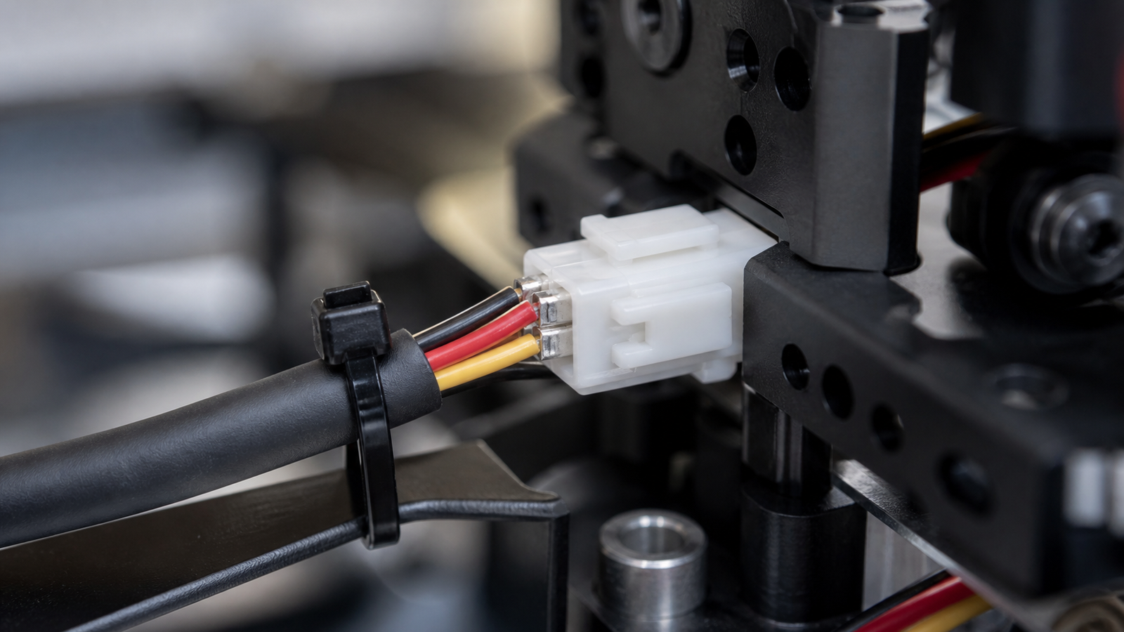 JST-style sensor harness with strain relief on robot chassis