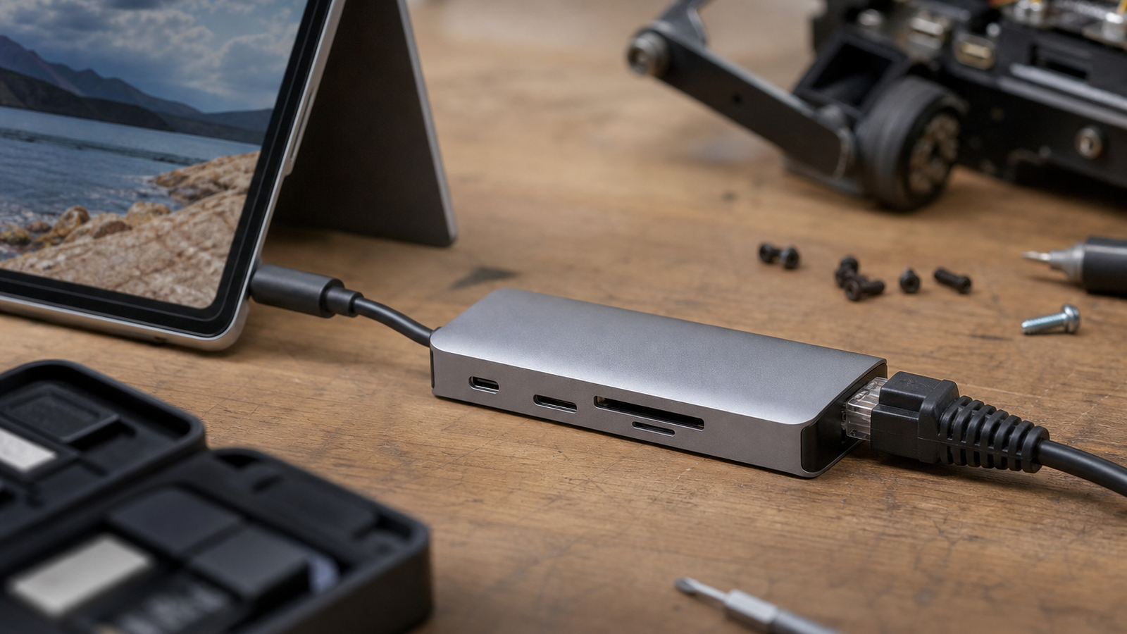Compact USB-C hub field kit with card reader, Ethernet cable, and portable monitor cable