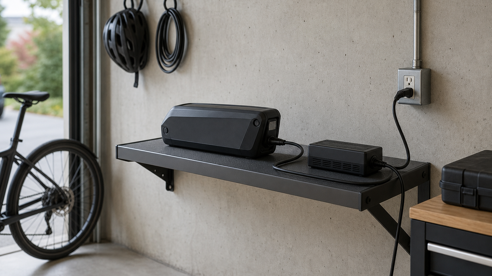 Garage lab charging shelf with e-bike battery, approved charger, clear cable route, and nearby power outlet