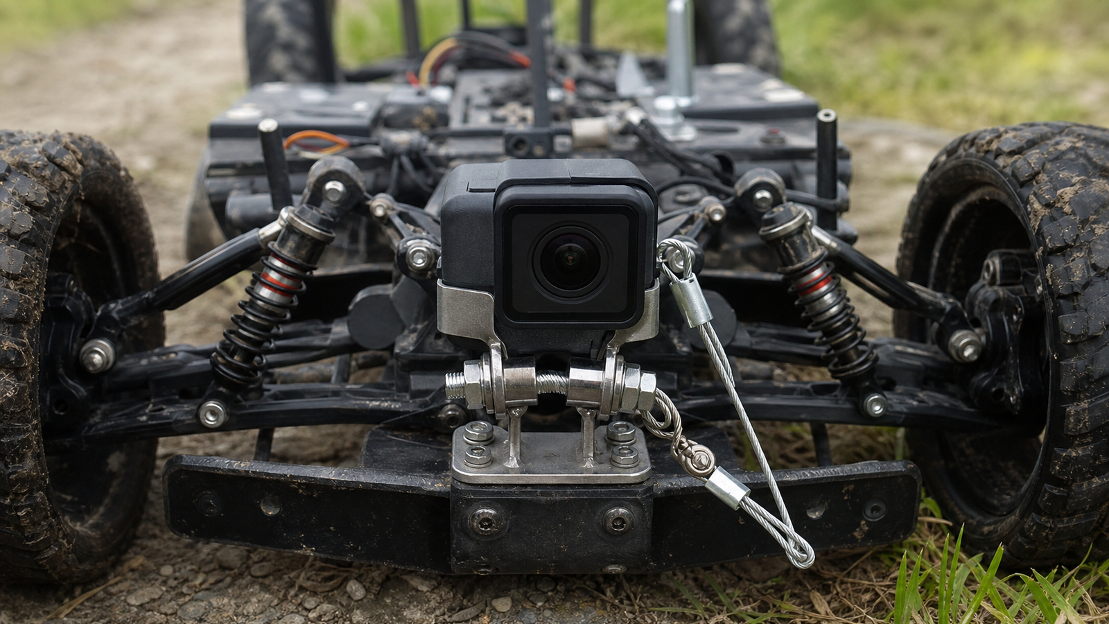 Action camera mounted low on a small robot chassis with a clamp and safety tether