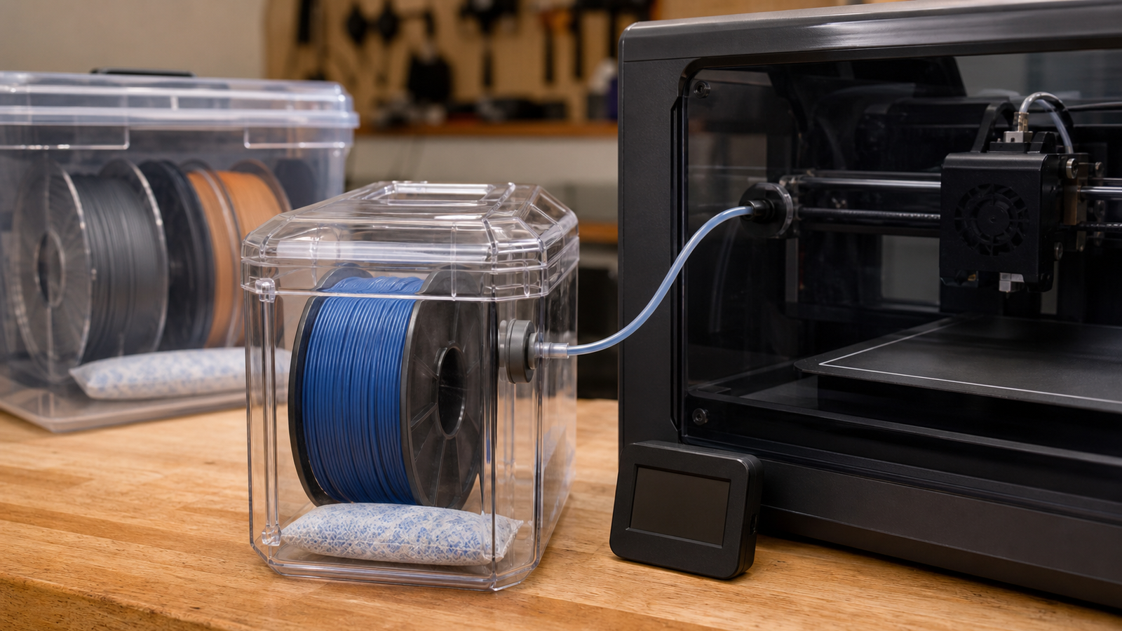 Filament spool in dryer feeding an enclosed printer through a PTFE tube with dry storage nearby