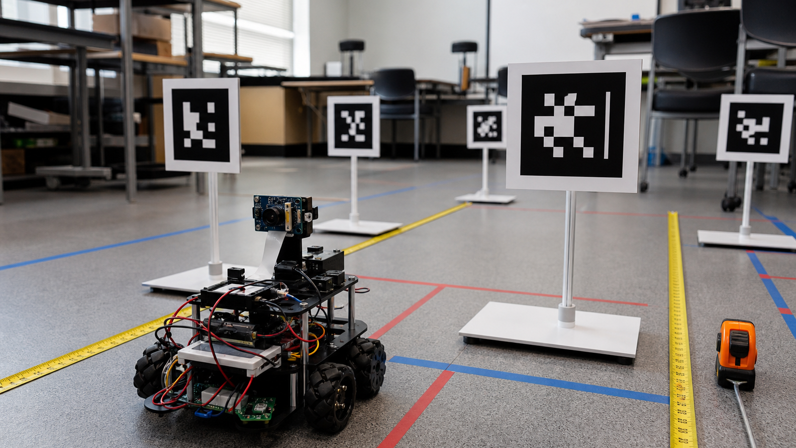 Classroom robot field with AprilTag-style targets, measuring tape, and alignment marks