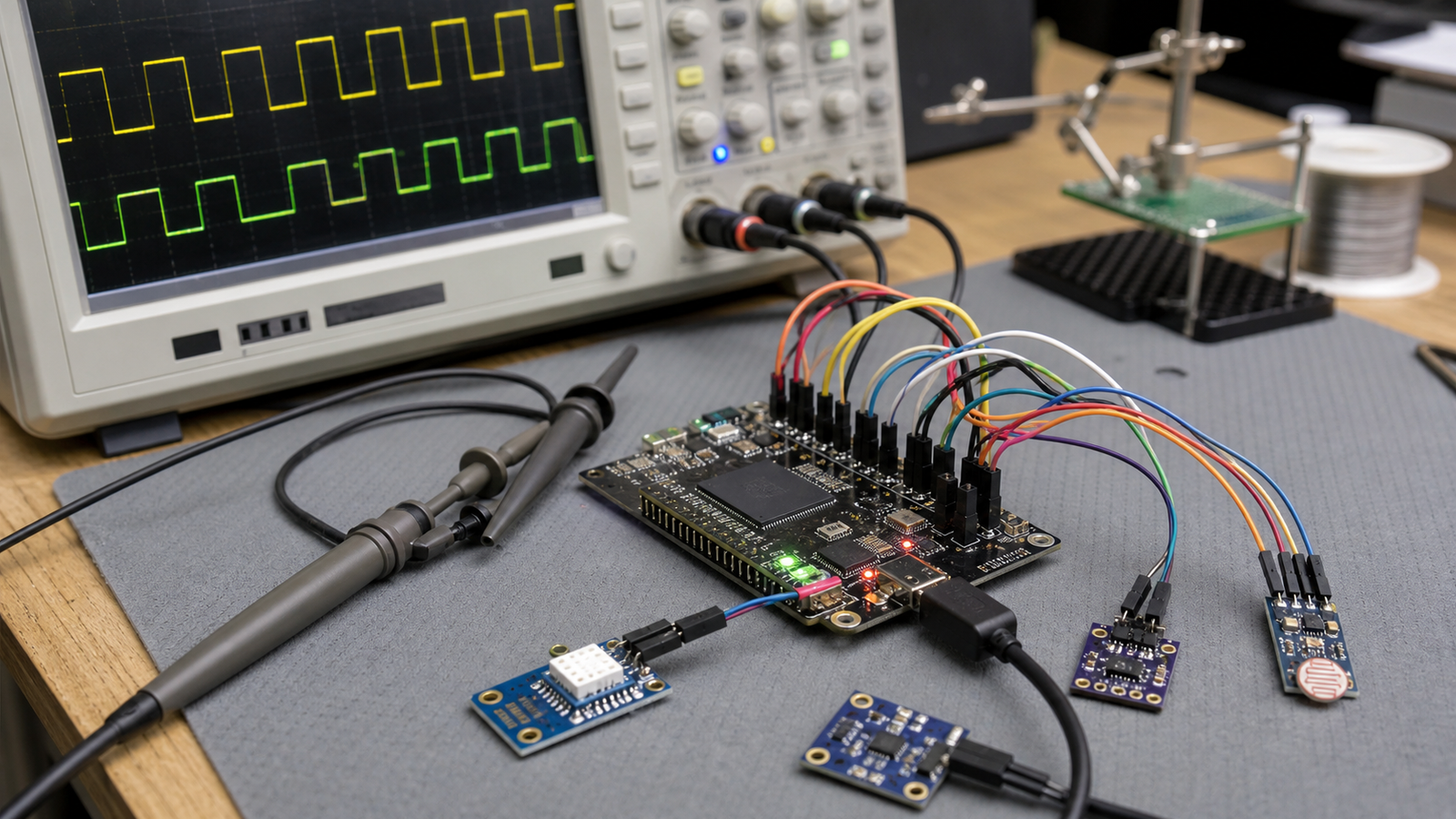 Microcontroller test bench with logic analyzer probes and sensor wiring