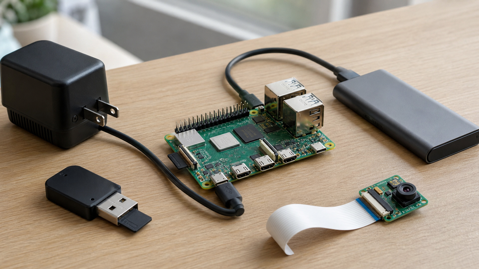 Raspberry Pi-style board with microSD card reader, USB SSD, camera ribbon, and power supply
