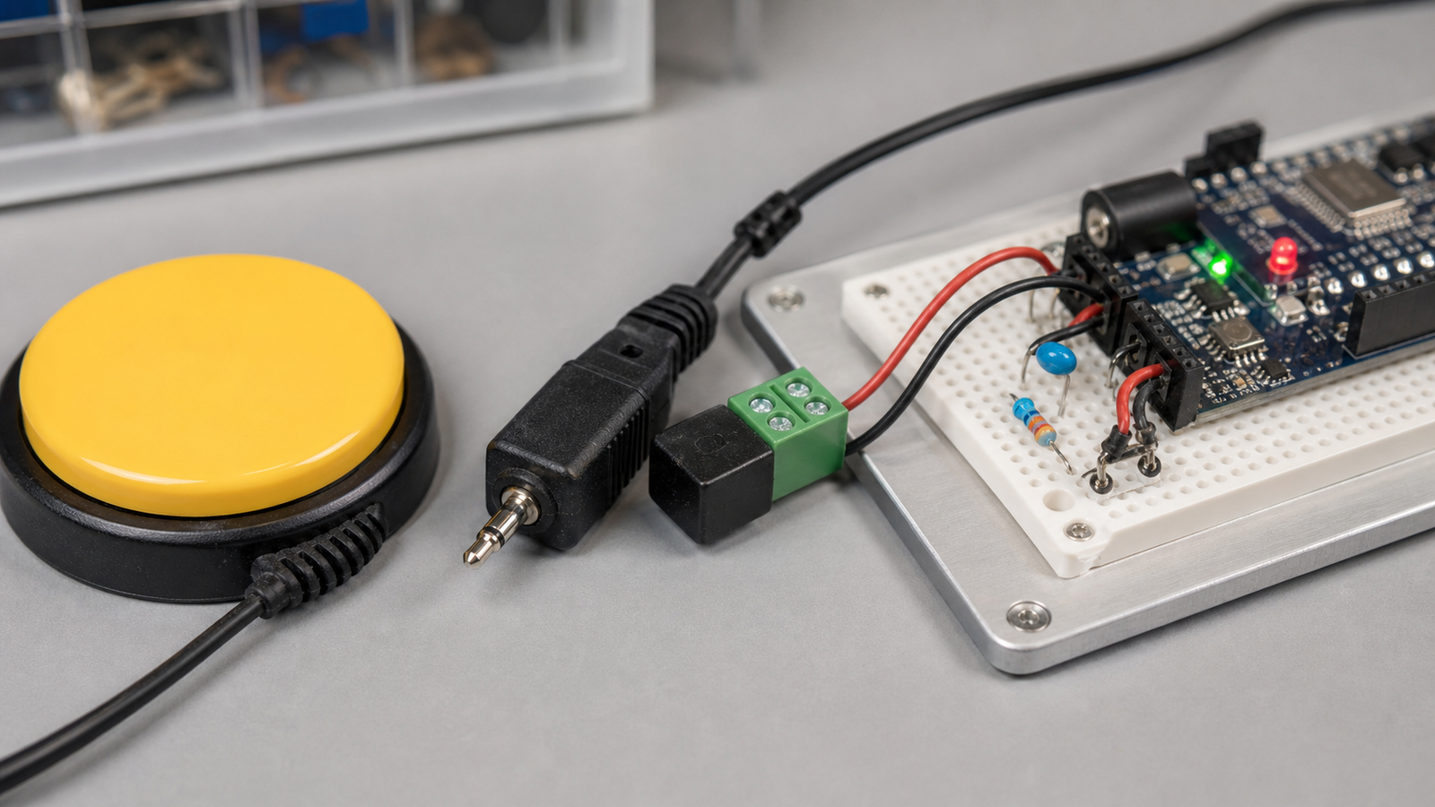 Accessibility switch connected to microcontroller input board for debounce testing