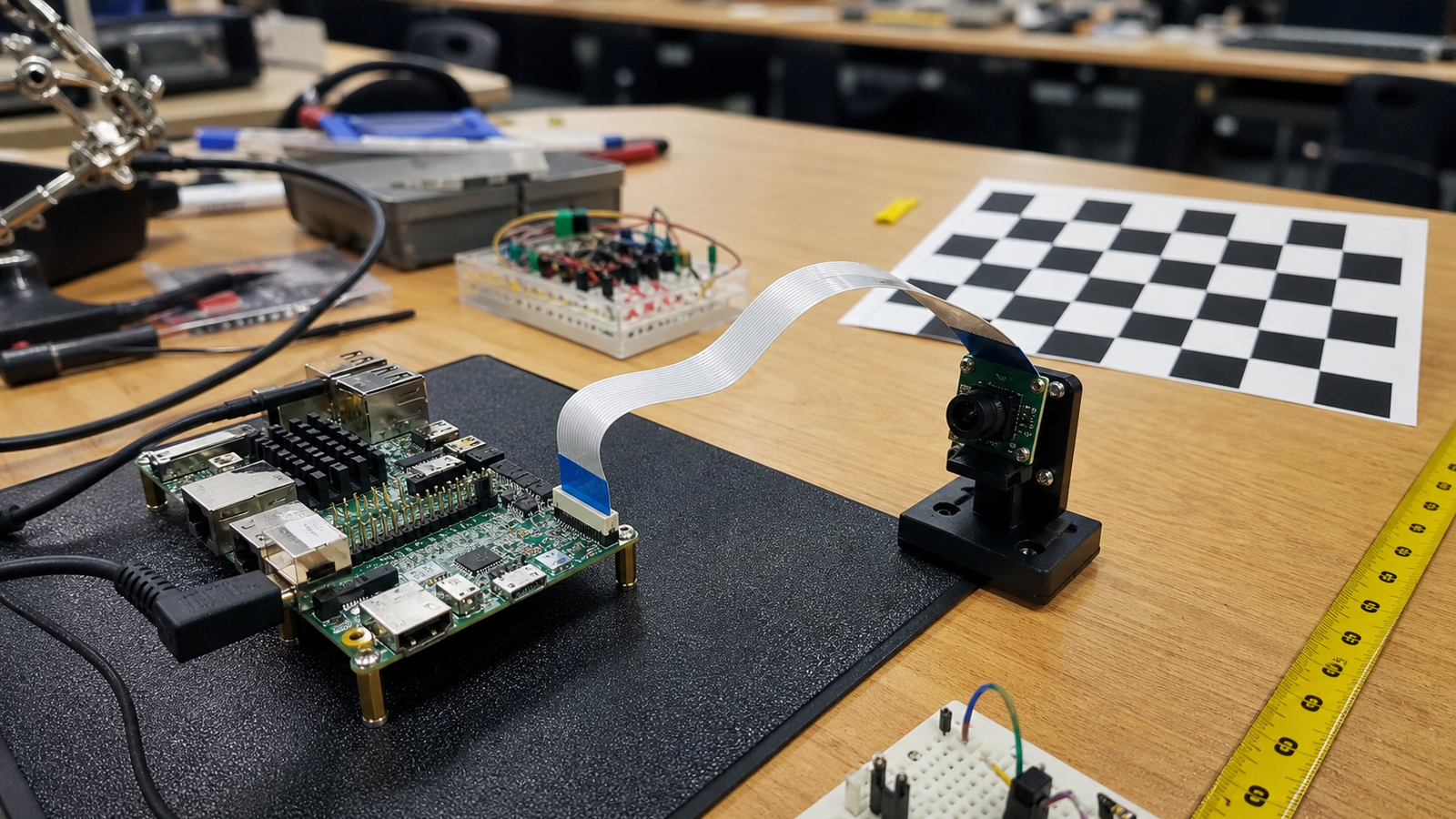 Single-board computer camera setup with calibration target and lighting