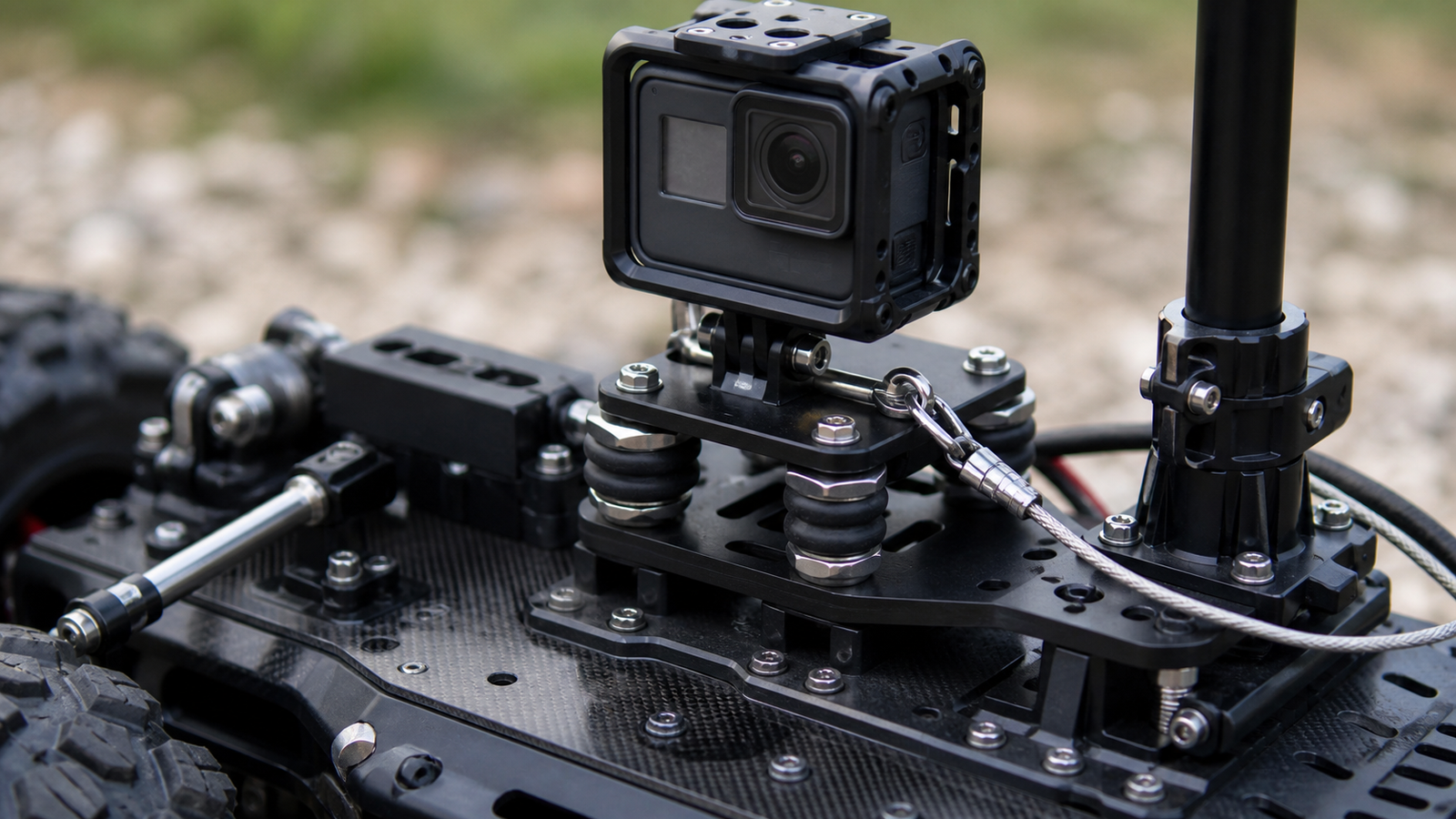 Robot chassis with action camera cage, 360 pole mount, safety tether, vibration pads, and clamps