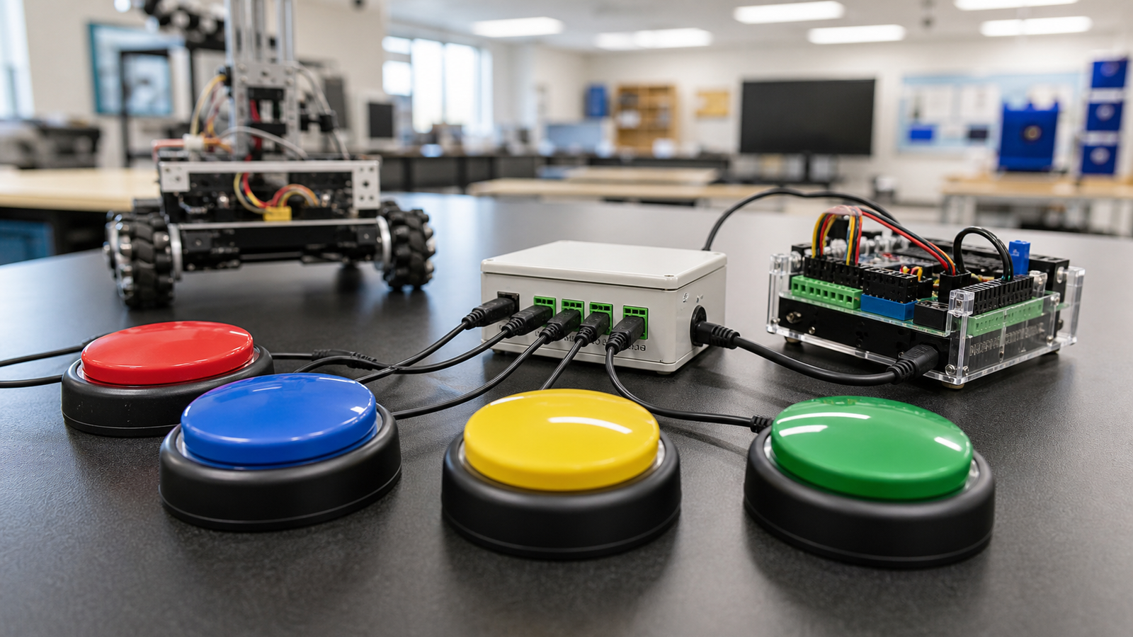 Adaptive switch buttons connected through a safe interface box to a small robot controller