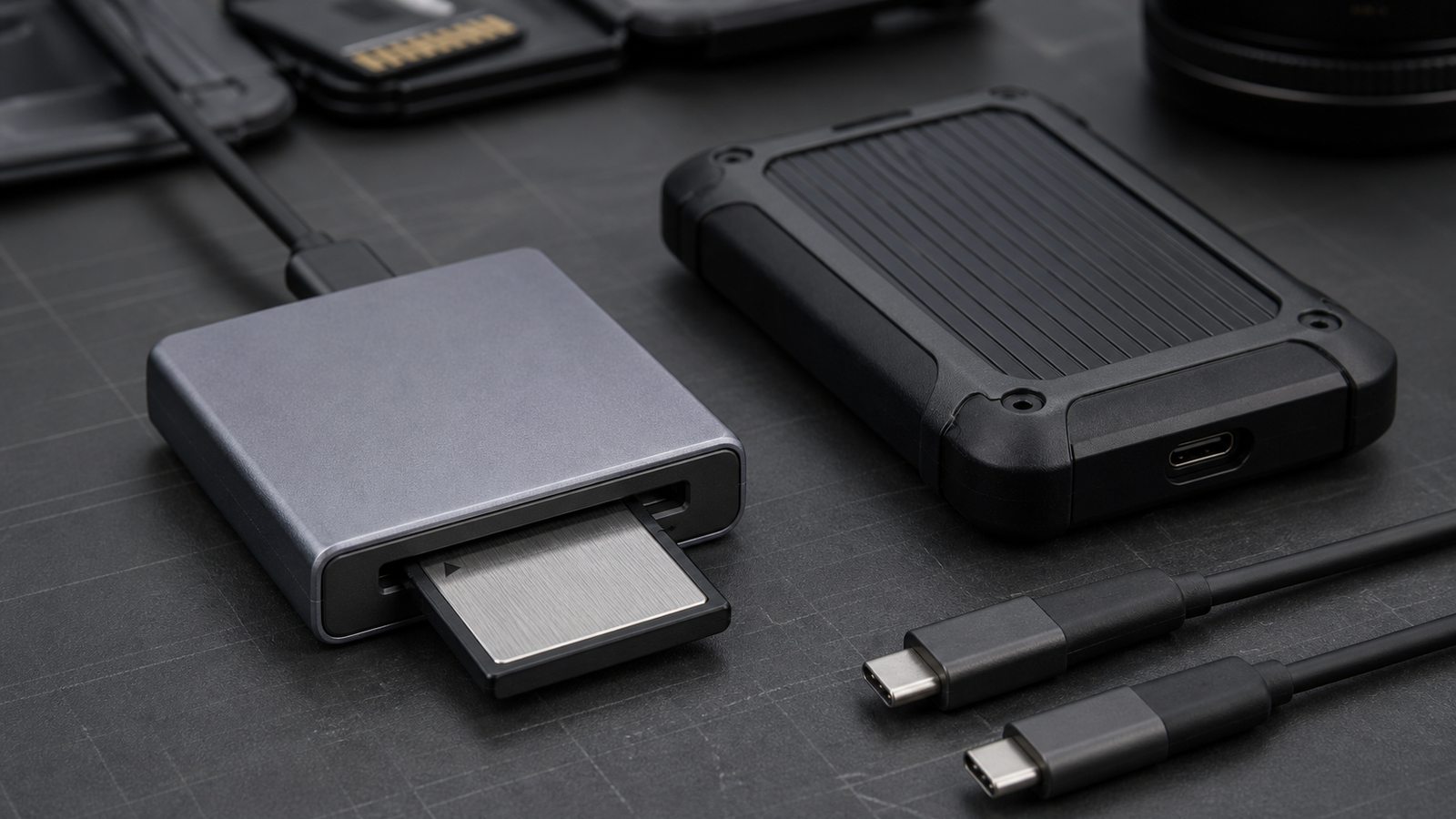 Memory card reader, USB-C cable ends, external SSD, and cooling space arranged on a field media mat