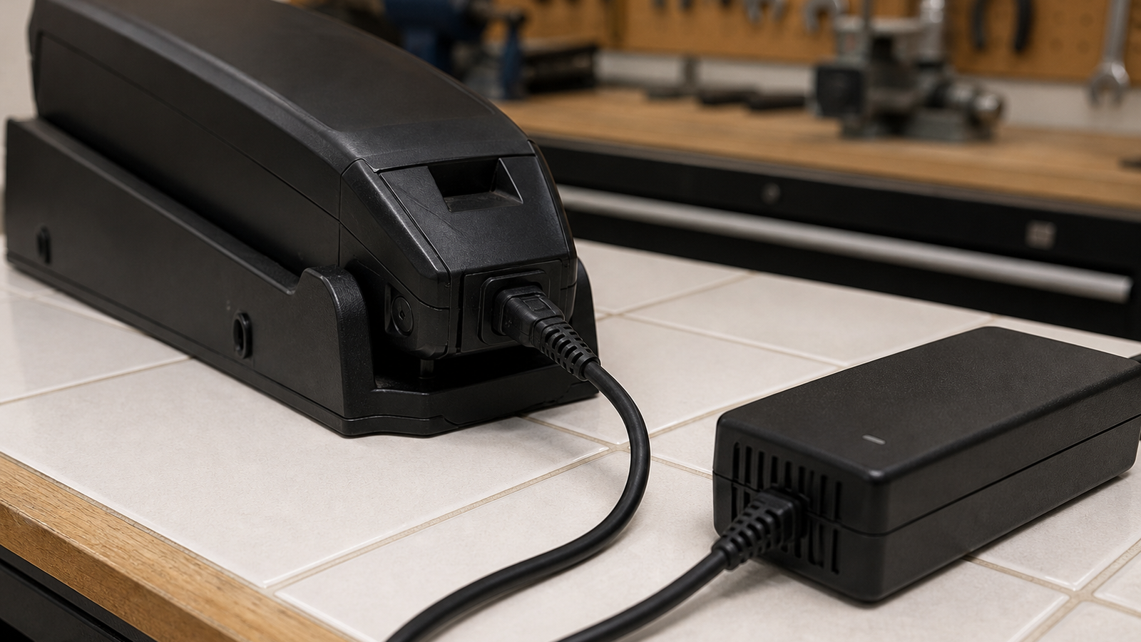 E-bike charger and battery cradle on a clear nonflammable surface with safe cable routing
