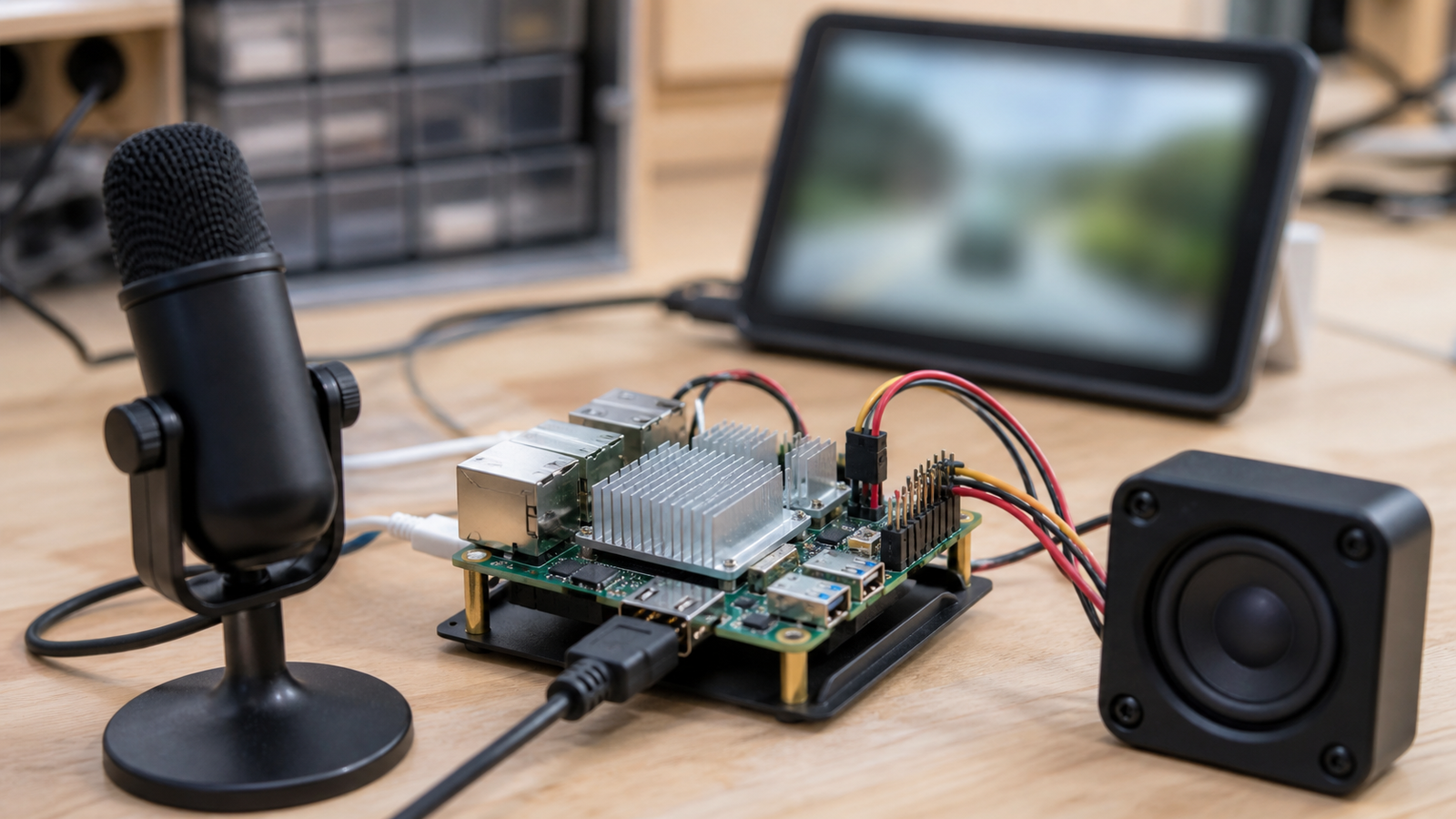 Raspberry Pi 5 local AI prototype with microphone, speaker, display, heatsink, and tidy power wiring
