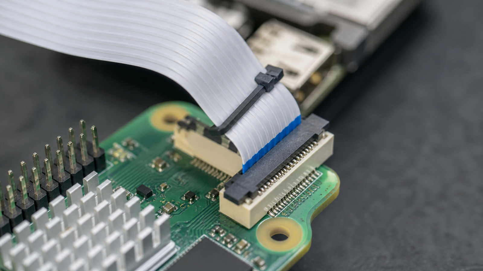 Flat camera ribbon cable seated in a board connector with gentle bend radius and strain relief