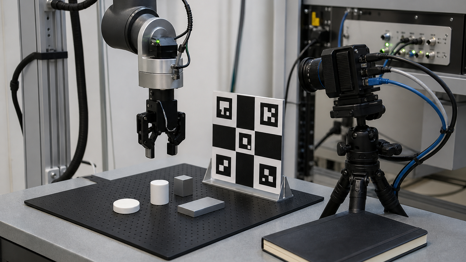 Robot skill validation setup with gripper, test objects, depth camera, fiducial board, and safety mat