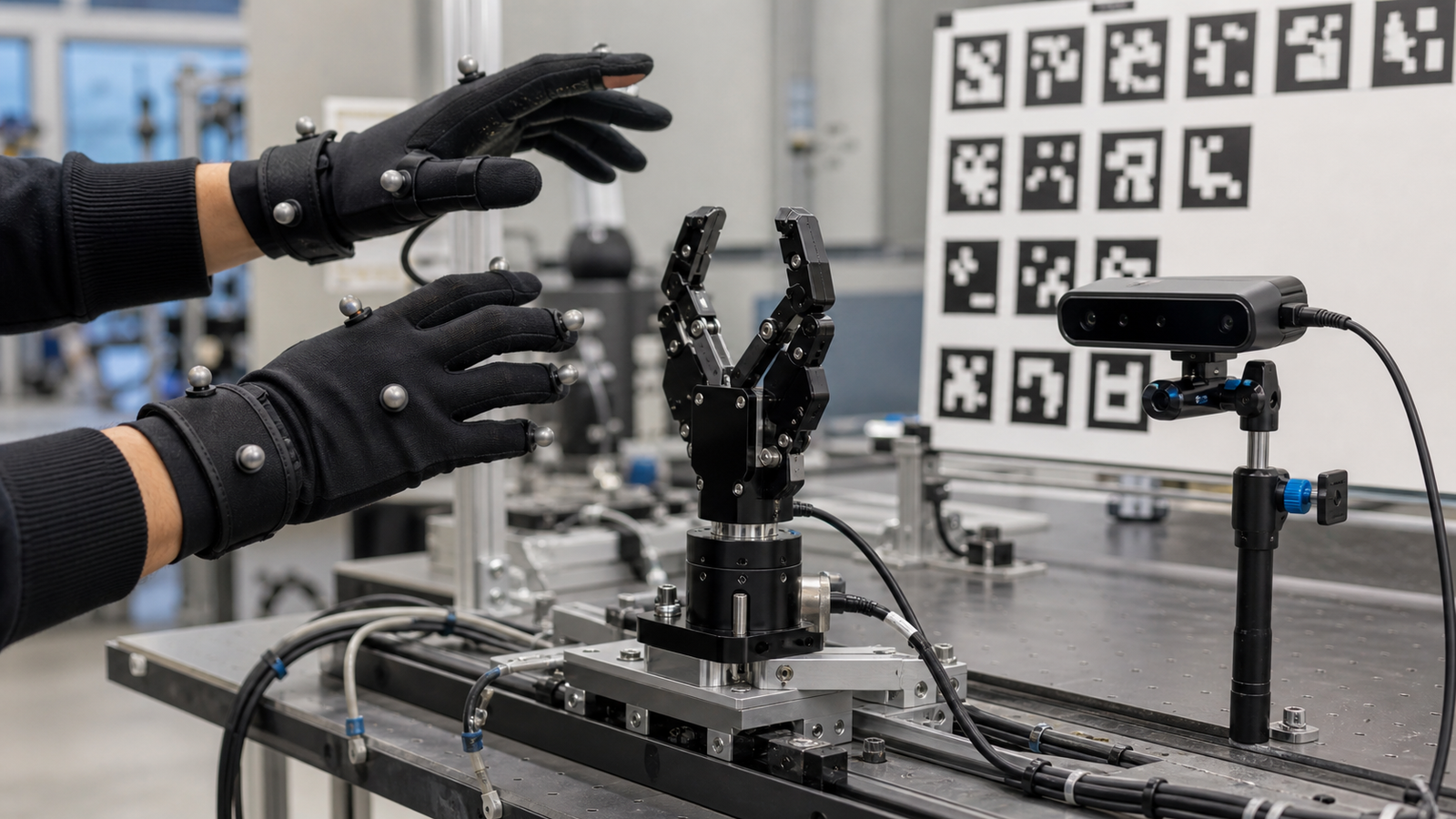 Teleoperation capture setup with tracking gloves, robot gripper, depth camera, and calibration board