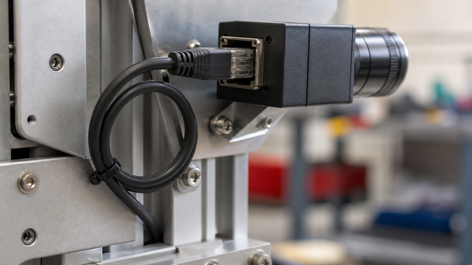 Ethernet cable loop secured to a robot frame near a PoE camera with proper bend radius