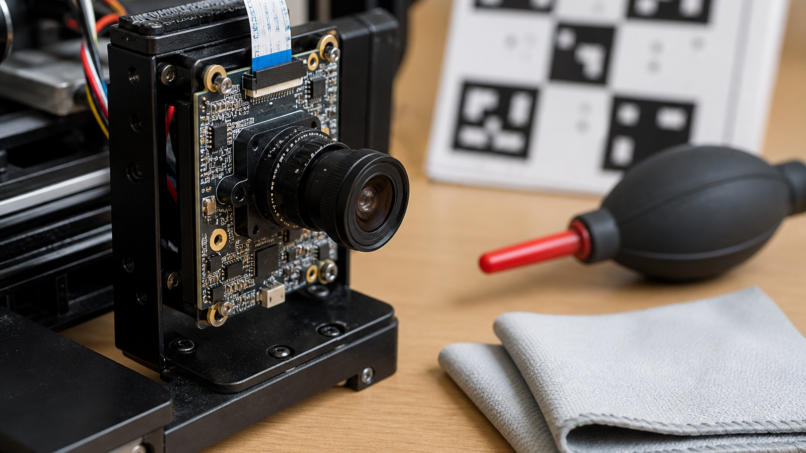 Robot camera module inspected with lens blower, microfiber cloth, and calibration board nearby