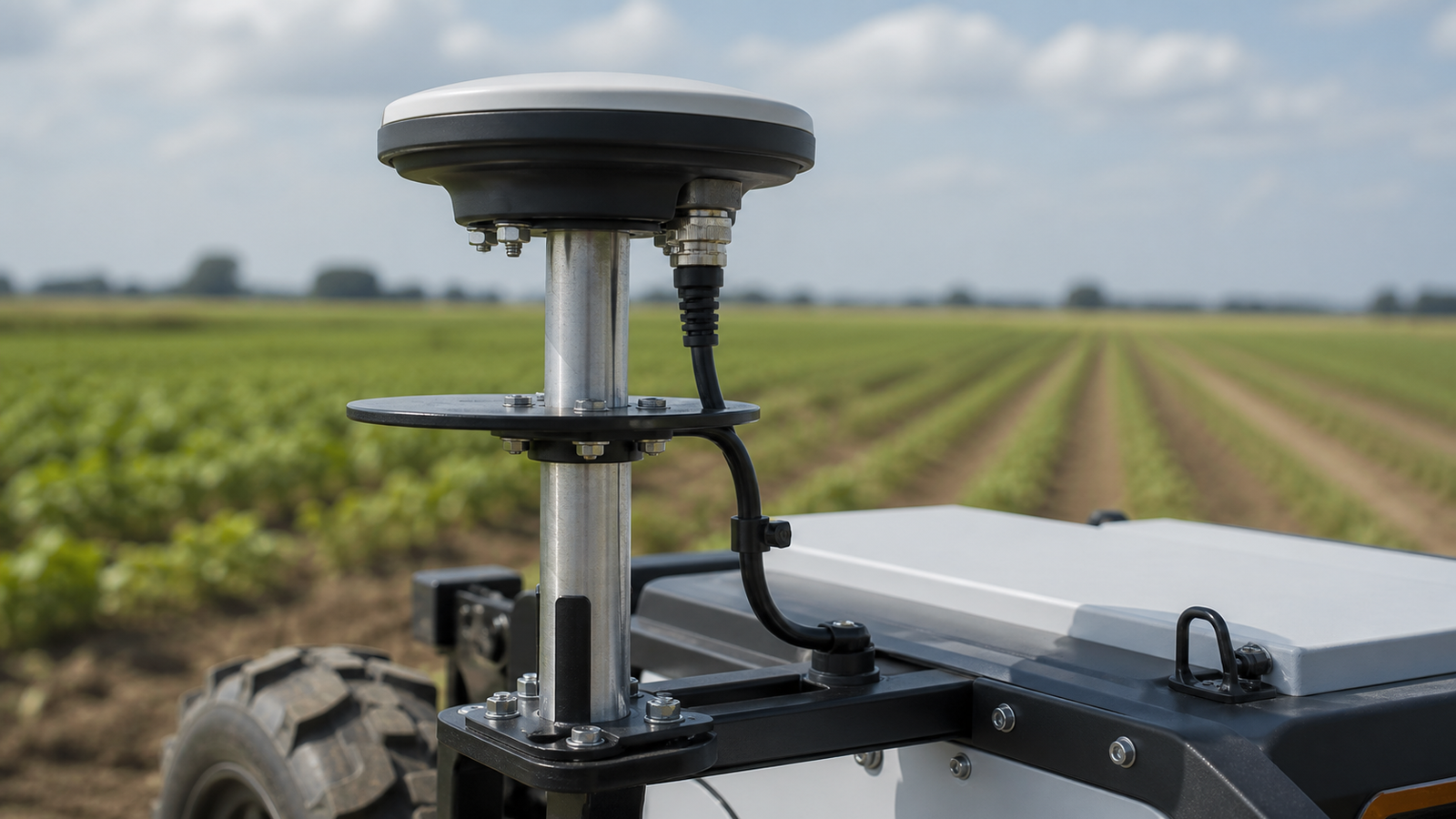 GNSS antenna mast on a small field robot with ground plane and weatherproof cable routing