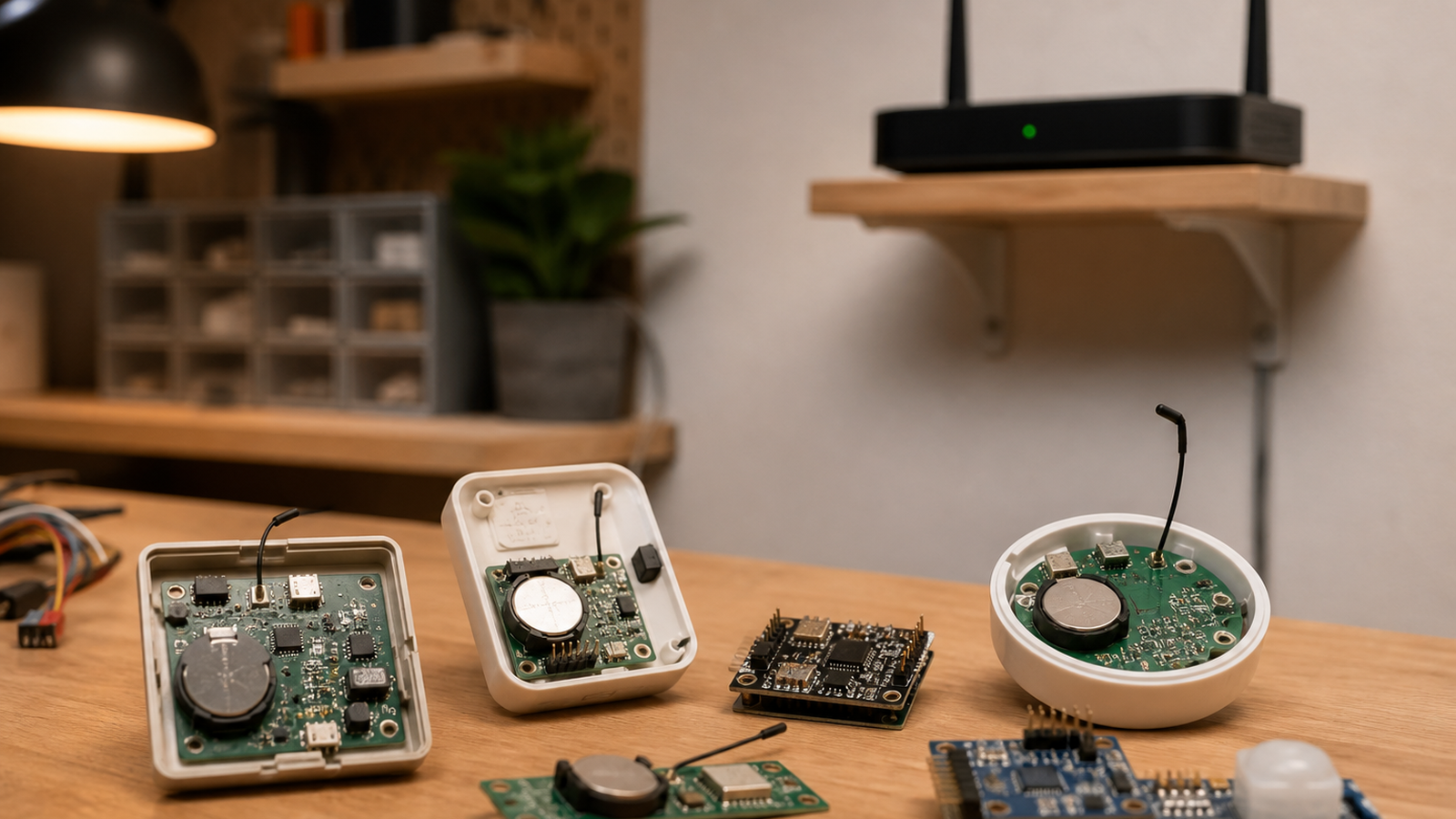 Low-power home-lab sensor nodes and a Thread border router placed high on a shelf