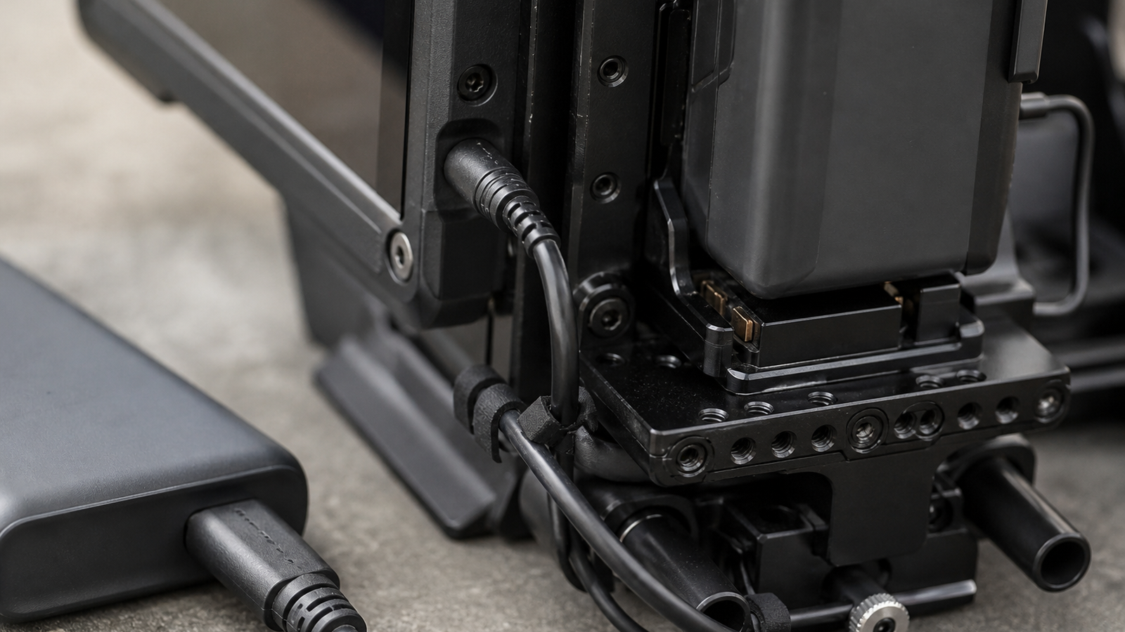 USB-C cable strain relief, battery plate, barrel adapter, and small monitor power input on a field kit