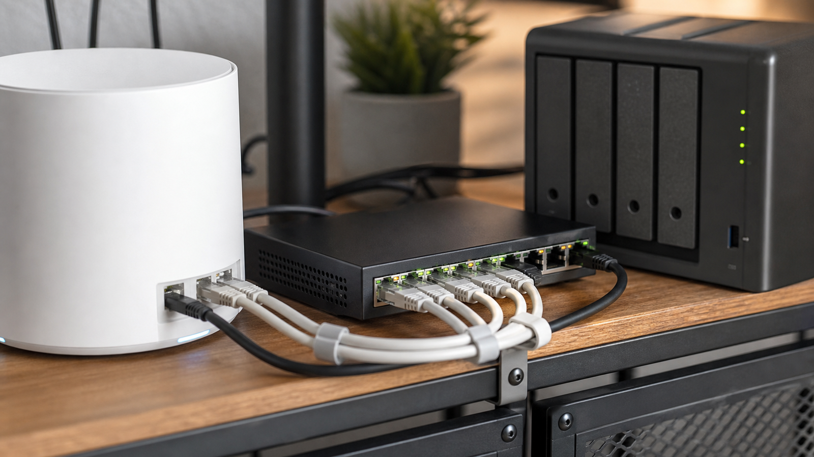 Ethernet backhaul cable routing between a Wi-Fi mesh router, switch, and NAS in a home lab