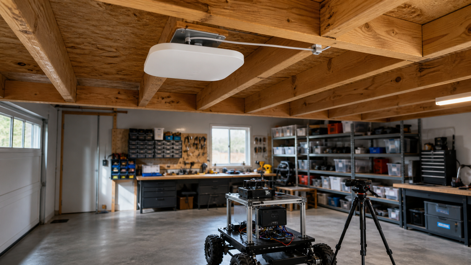 Ceiling-mounted Wi-Fi access point above a robot cart and camera tripod in a maker garage