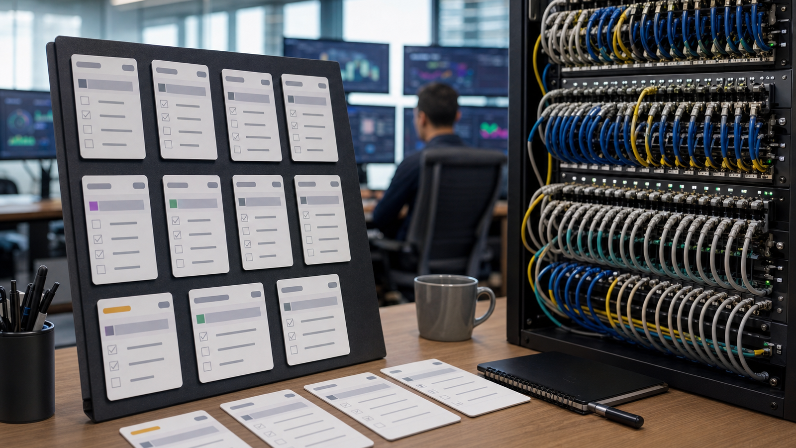 Enterprise AI operations room with data workflow displays and engineering review stations