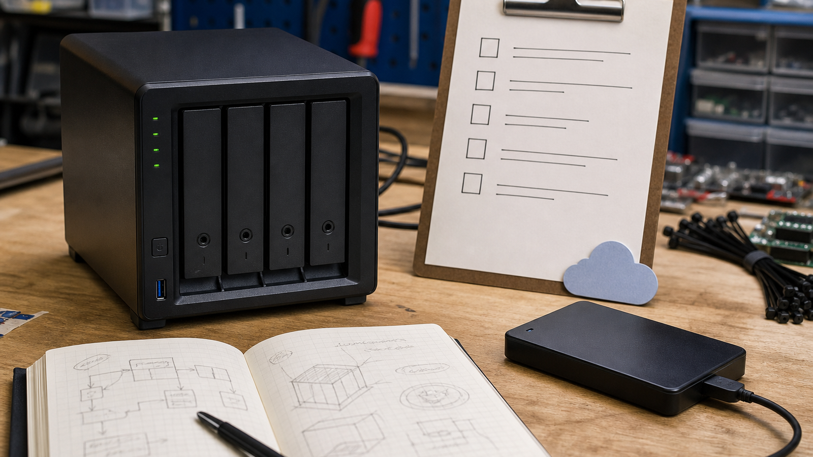 Workbench with NAS drives, labeled external backup disk, cloud-copy checklist, and restore-test notes