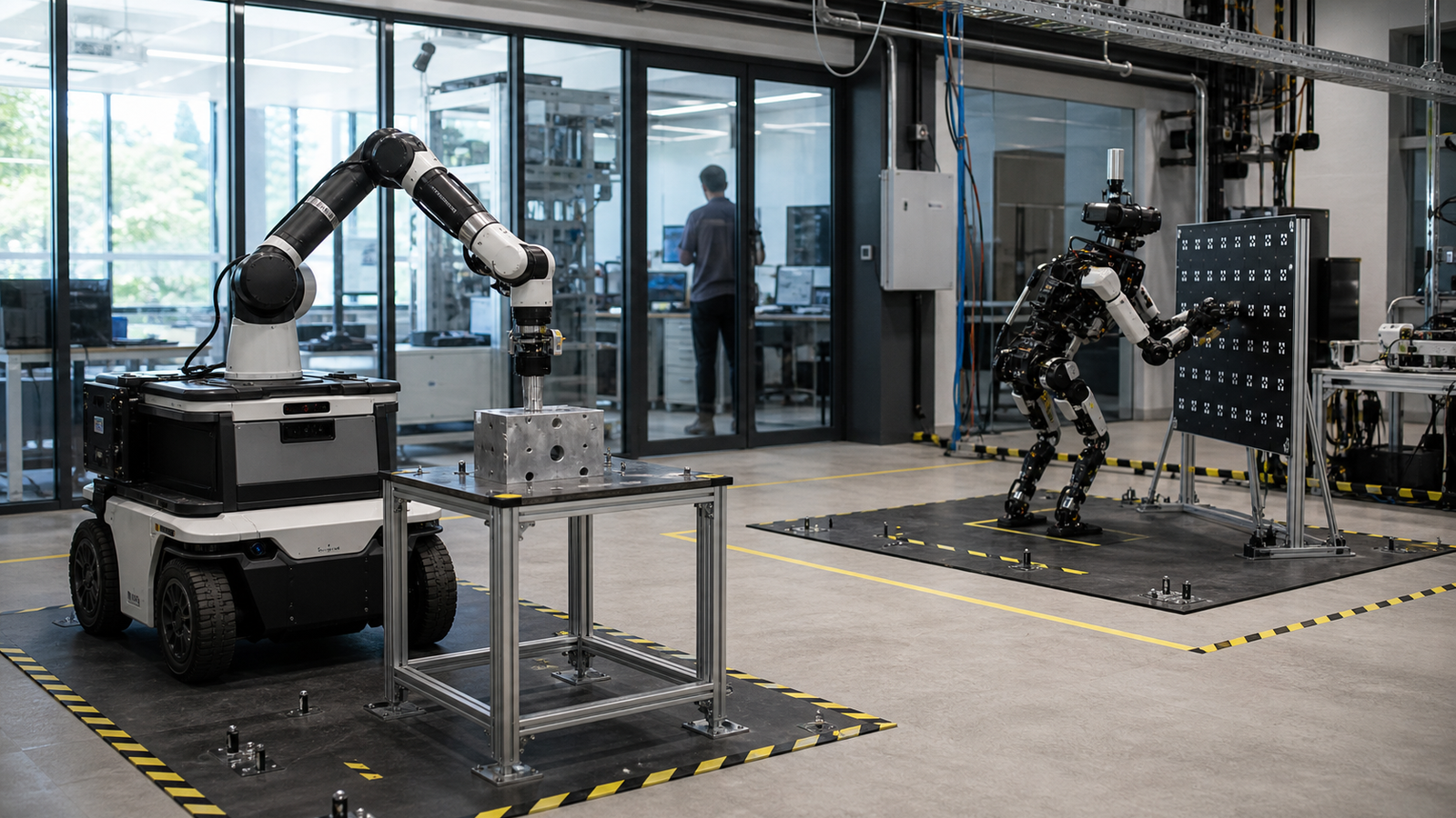 Two robots in separate evaluation zones inside a robotics lab