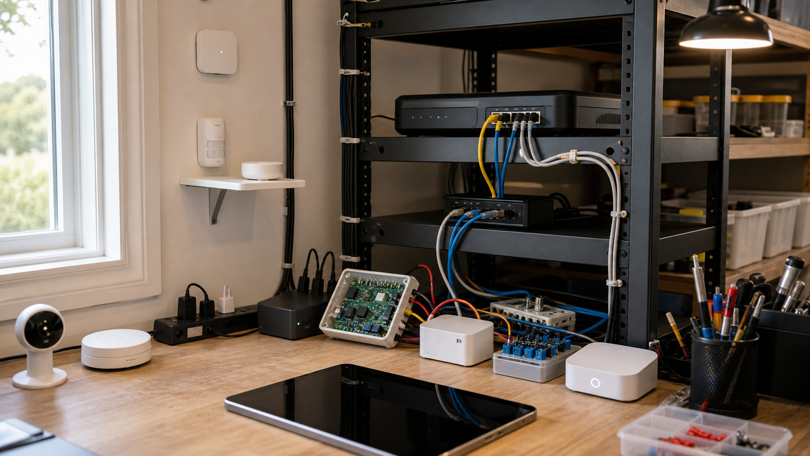 Smart-home lab with sensors, router rack and managed cables