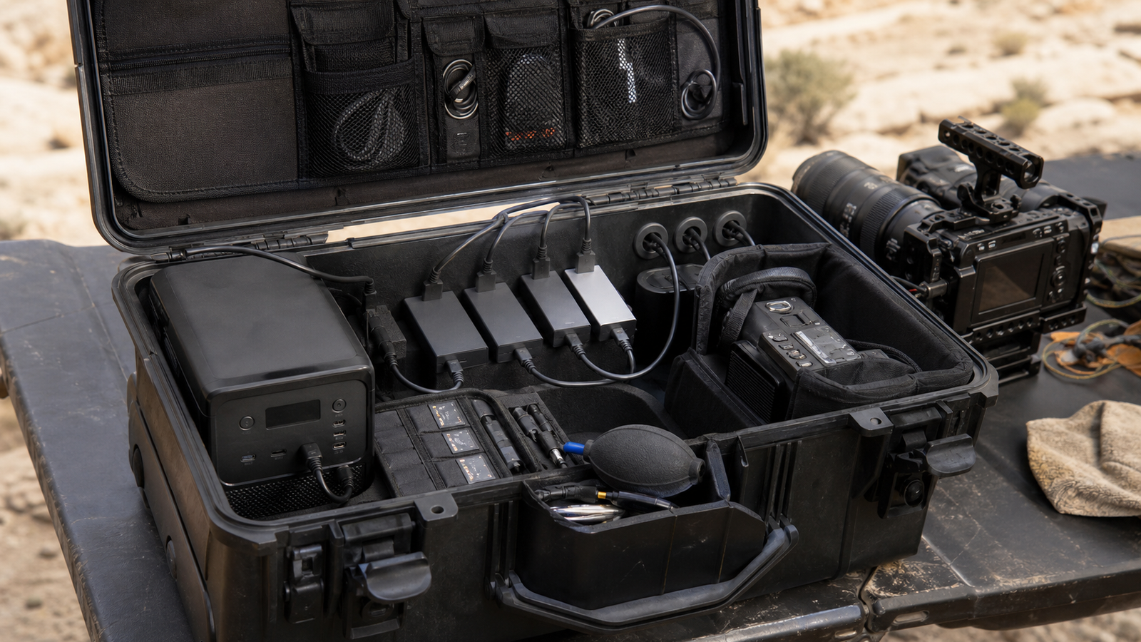 Field media backup kit with camera, power and external SSD in a rugged case