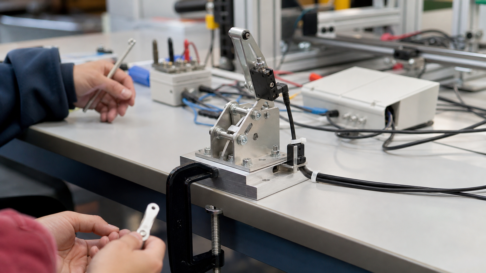 Adjustable adaptive switch mount and cable strain relief in a STEM lab