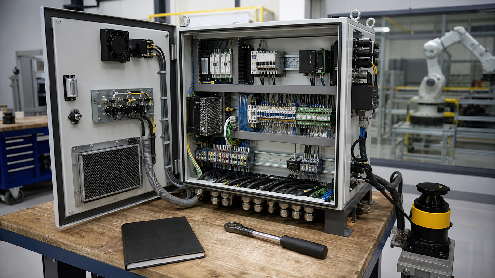 Robot integrator workstation showing cabling and safety checks