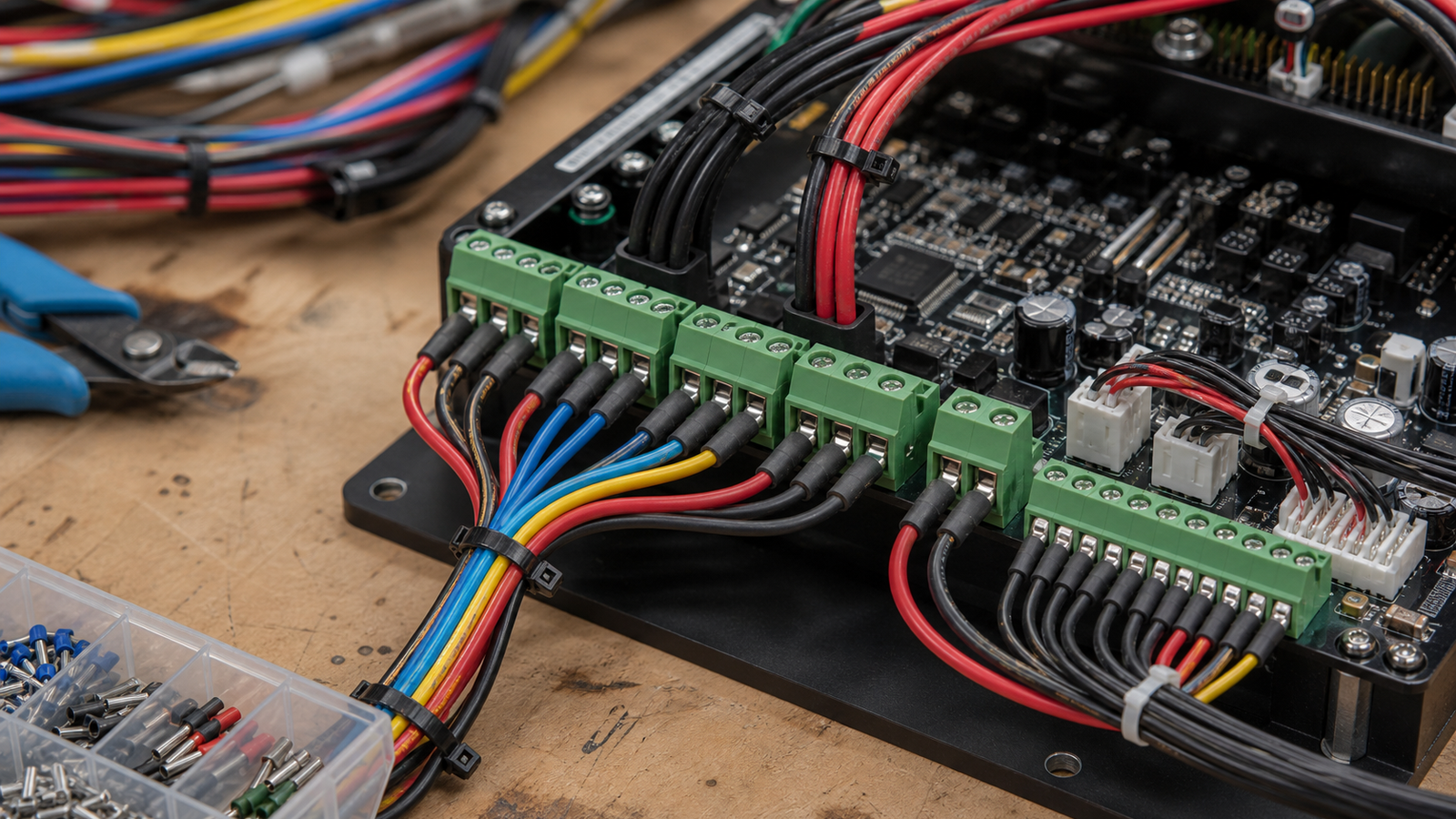 Screw terminal prototype wiring on a robot controller board