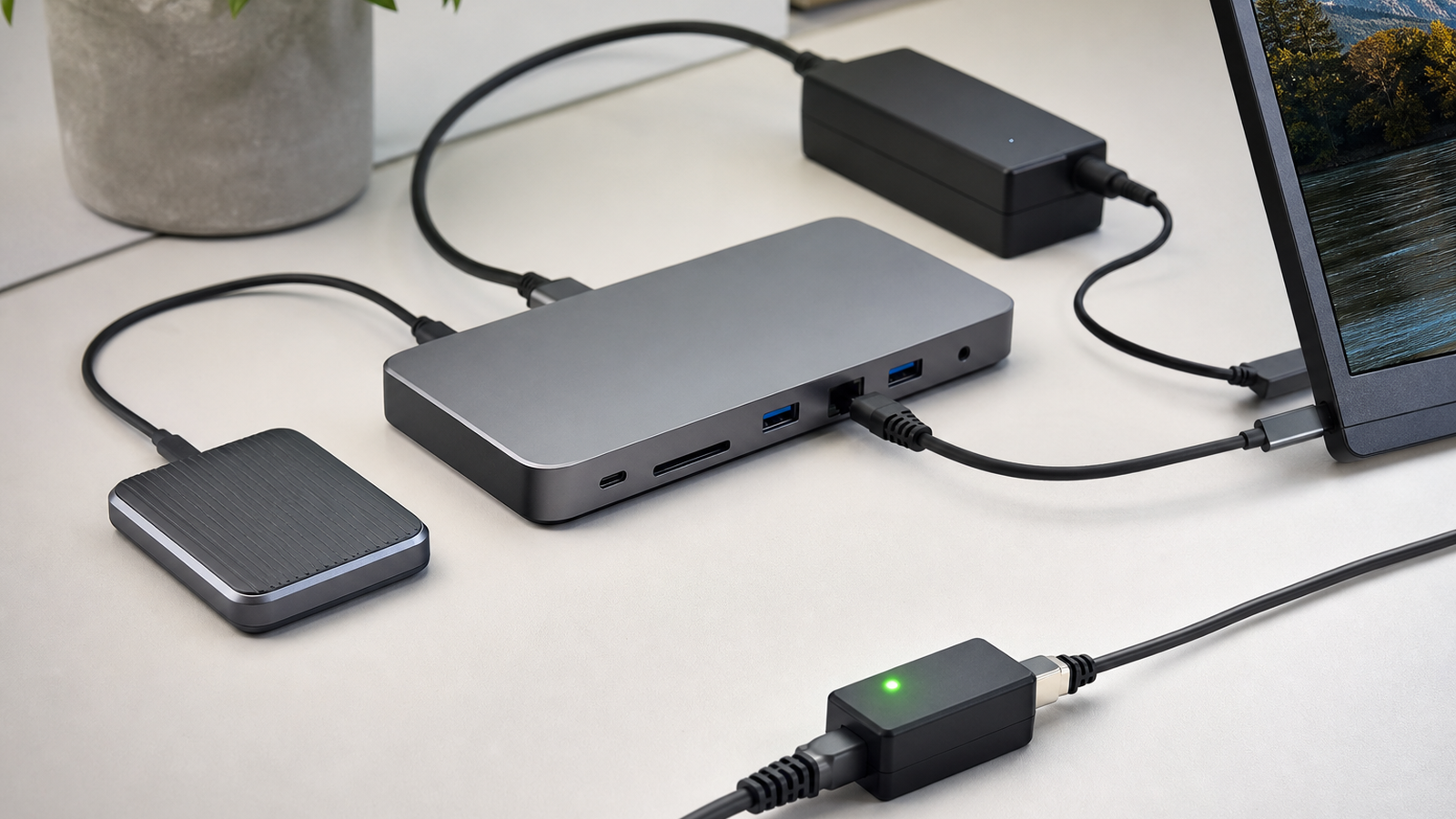 Thunderbolt dock station with external SSD, Ethernet, portable display, power brick, and labeled tested cable